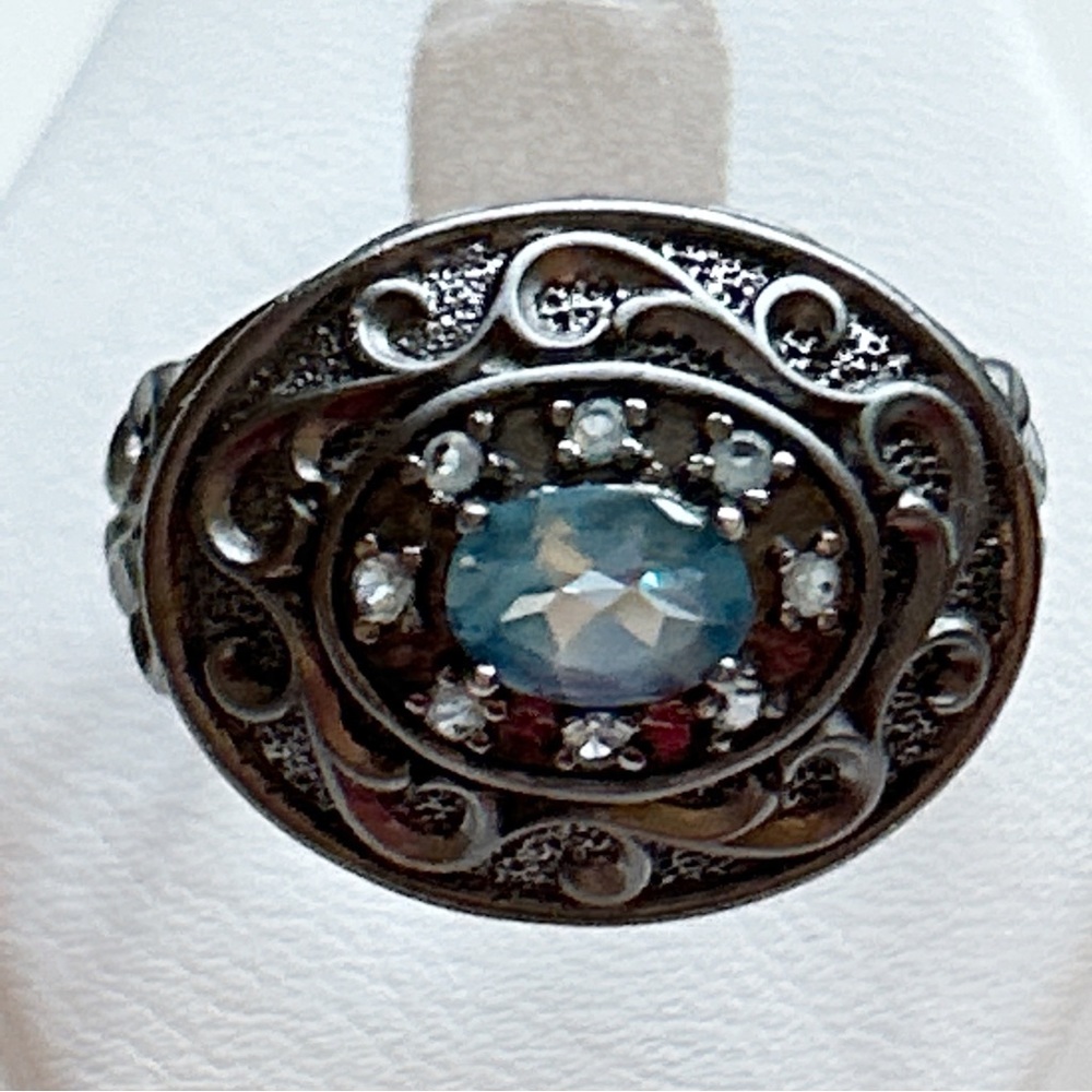 Blue Topaz Oxidized Sterling Silver Ornate Scroll Ring 9.5
